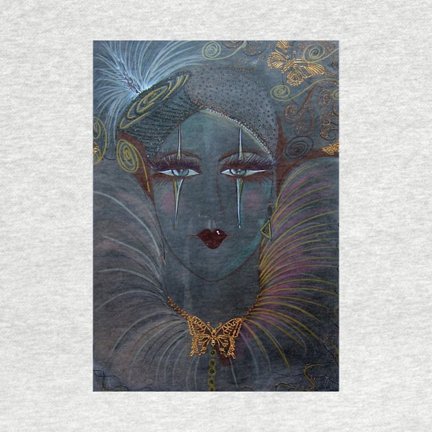 PARIS PIERROT CLOWN PAINTING AND COLLAGE GREEN GREY DUSTY OIL POSTER GOLD METALLIC EMBELLISHMENTS by jacquline8689